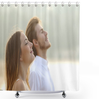 Personality  Couple Of Man And Woman Breathing Deep Fresh Air Shower Curtains
