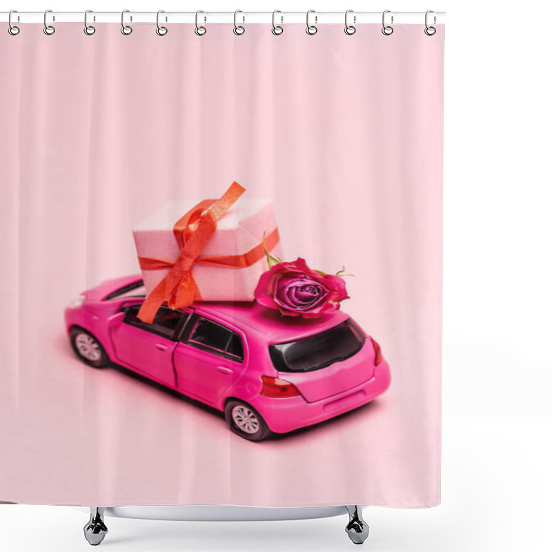 Personality  toy car and gift box with rose on pink background shower curtains