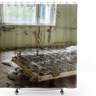 Personality  Selective Focus Of Rusty Bed In Damaged Bedroom In Chernobyl  Shower Curtains