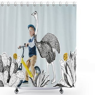Personality  Thoughtful Kid In Retro Vest And Cap Riding Bicycle On Grey Background With Fairy Ostrich Among Cacti Illustration Shower Curtains