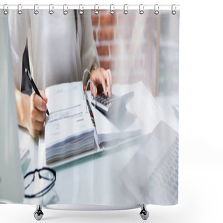 Personality  Accountant Woman Calculating Corporate Tax And Expenses Using  Calculator Shower Curtains
