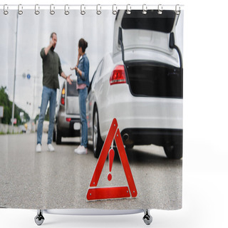 Personality  Drivers Talking On Road With Red Stop Sign On Foreground Shower Curtains