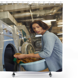 Personality  Young Asian Woman Looking At Camera And Holding Basket With Clothes In Public Laundry Shower Curtains