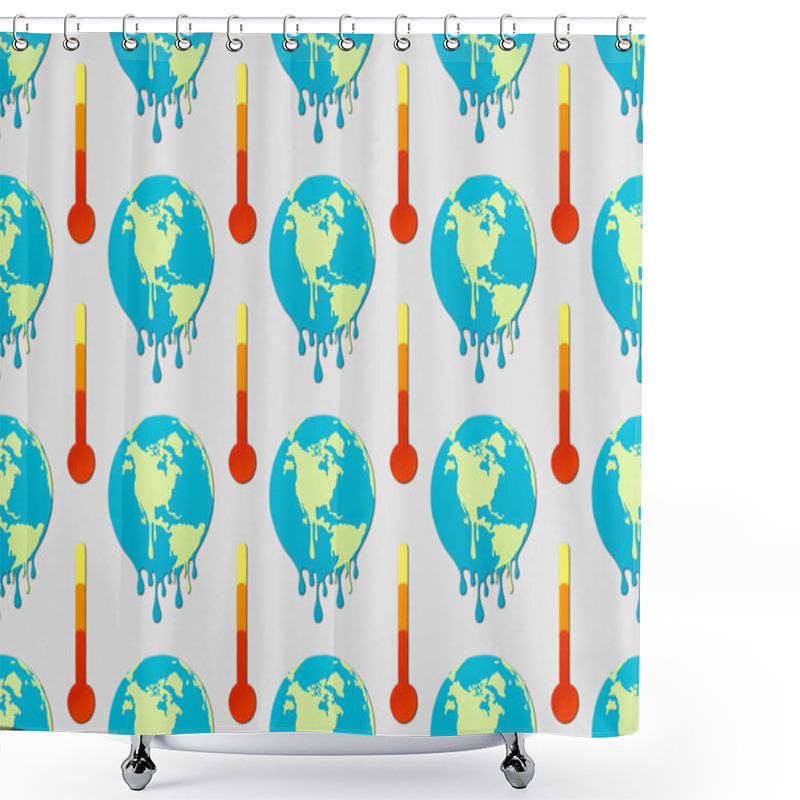 Personality  pattern with signs of melting globes and thermometers on grey background, global warming concept shower curtains