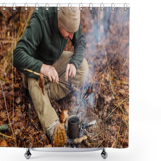 Personality  Quail On The Stick Grilled In The Fire. Delicious Forest Picnic. Shower Curtains