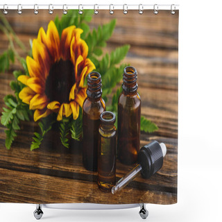 Personality  Sunflower, Fern Leaves, Bottles With Essential Oils And Dropper On Wooden Surface Shower Curtains