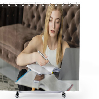 Personality  Young Woman Looking At Notebook Near Devices During Online Education In Living Room  Shower Curtains