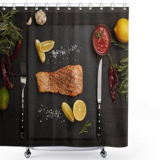 Personality  Top View Of Grilled Salmon Steak With Pieces Of Lemon, Arranged Ingredients Around And Cutlery On Black Surface Shower Curtains