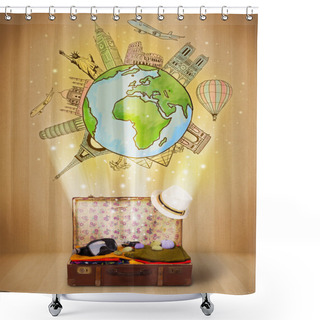 Personality  Luggage With Travel Around The World Illustration Concept Shower Curtains