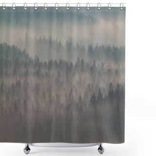Personality  Blue Green Mist Cover Landscape. The Sun Shines Against The White Mist Floating Above Forest. Shower Curtains