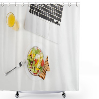 Personality  Top View Of Laptop, Orange Juice In Glass And Fresh Healthy Salad With Toasts At Workplace Shower Curtains