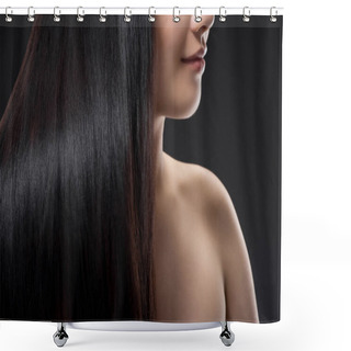 Personality  Partial View Of Smiling Woman With Shiny Healthy And Strong Hair Isolated On Black Shower Curtains