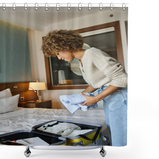 Personality  Curly-haired And Happy African American Woman Packing Suitcase In Hotel, Solo Traveler Concept Shower Curtains