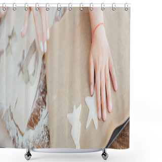 Personality  Partial View Of Child Putting Raw Multi-shaped Cookies On Baking Paper Near Mother And Rolled Dough, Panoramic Shot Shower Curtains