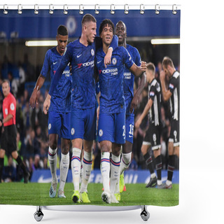 Personality  LONDON, ENGLAND - SEPTEMBER 25, 2019: Reece James Of Chelsea Celebrates With Ross Barkley Of Chelsea After He Scored A Goal During The 2019/20 EFL Cup Round 3 Game Between Chelsea FC And Grimsby Town FC At Stamford Bridge. Shower Curtains