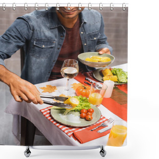 Personality  Cropped View Of Man Taking Corn Near Fresh Vegetables, Drinks And Decorative Pumkin While Celebrating Thanksgiving Day Shower Curtains