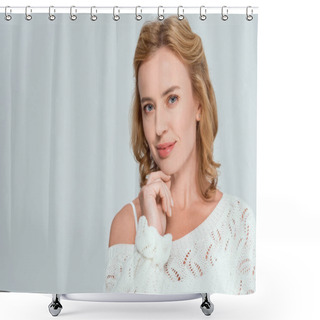 Personality  Attractive And Smiling Woman Looking At Camera Isolated On Grey  Shower Curtains