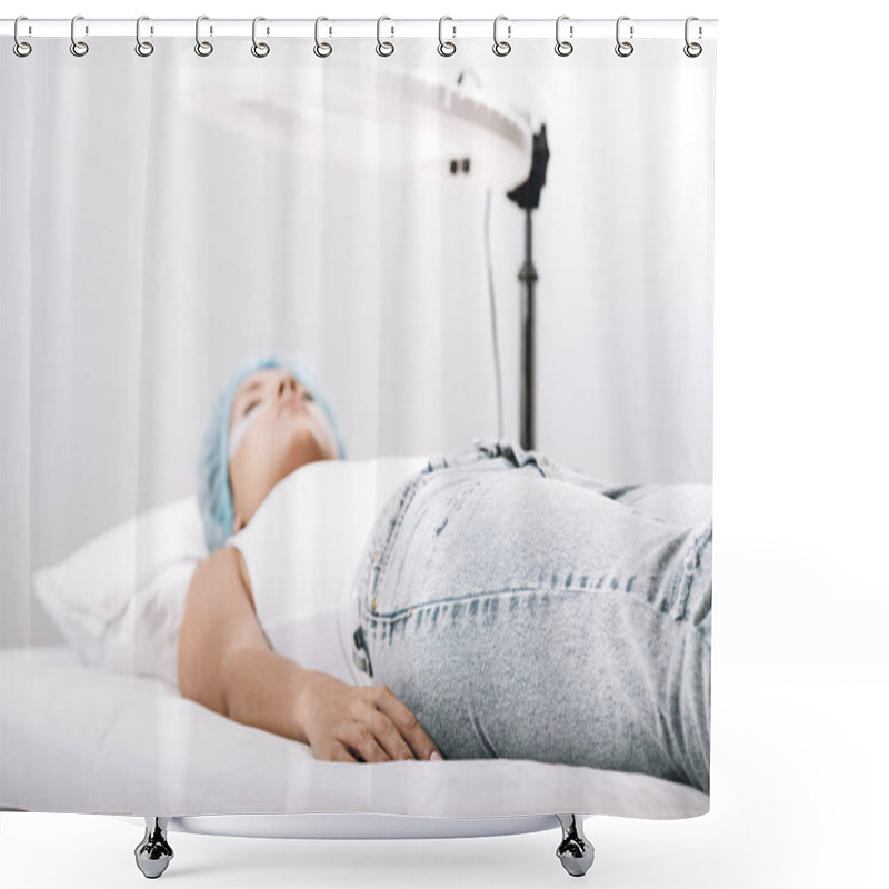 Personality  Selective Focus Of Model Lying On Couch Under Lamp Isolated On Grey, Eyelash Extensions Shower Curtains