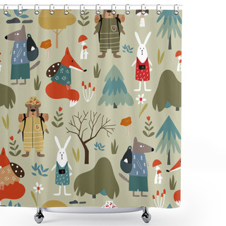 Personality  Cute Vector Seamless Pattern With Taiga Animals. Suitable For Design Kid Textile, Wrapping Paper, Background. Kids Animal Characters. Vector Cartoon Illustration. Shower Curtains