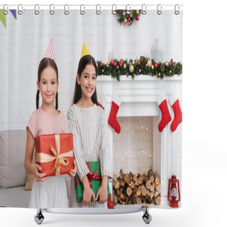 Personality  Smiling Girls In Party Caps Holding Presents During Birthday Party In Winter  Shower Curtains
