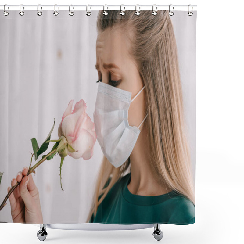 Personality  Blonde Woman With Pollen Allergy Wearing Medical Mask And Smelling Rose  Shower Curtains