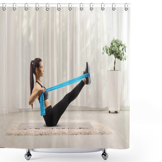 Personality  Young Woman Exercising With An Elsatic Band On The Floor At Home Shower Curtains