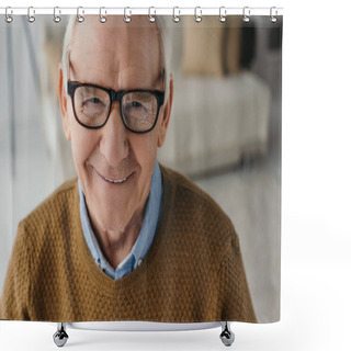 Personality  Senior Smiling Man Wearing Eyeglasses And Looking At Camera Shower Curtains