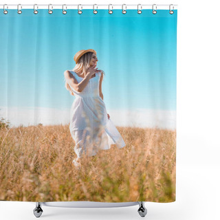 Personality  Selective Focus Of Stylish Woman In White Dress And Straw Hat Touching Chin And Looking Away In Field Against Blue Sky Shower Curtains