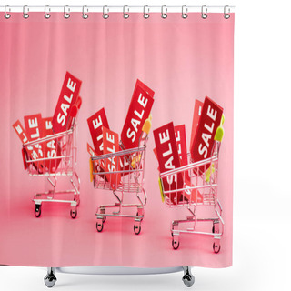 Personality  Red Tags With Sale Lettering In Shopping Carts On Pink  Shower Curtains