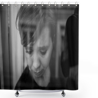 Personality  Dramatic Close Up Portrait Of Young Beautiful Woman Thinking And  Feeling Sad Suffering Depression At Home Window Looking Depressed Shower Curtains