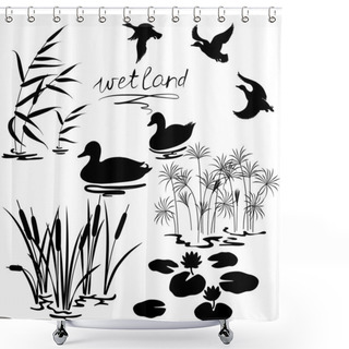 Personality  Wetland Plants And Birds Set Shower Curtains