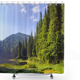 Personality  Lake In The Mountains Surrounded By A Pine Forest Shower Curtains