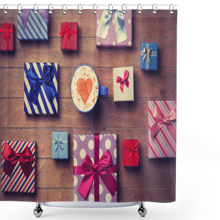 Personality  Cup And Gift Boxes On Wooden Background Shower Curtains