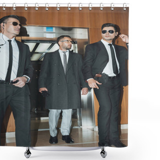 Personality  Businessman Going Out From Elevator With Two Bodyguards Shower Curtains