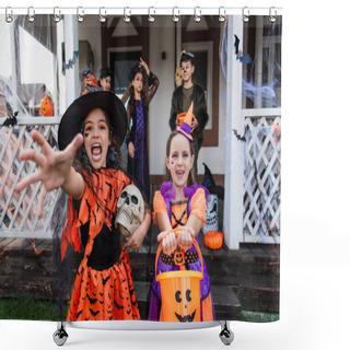 Personality  Girl In Witch Costume Screaming With Outstretched Hand Near Smiling Friend With Trick Or Treat Bucket Shower Curtains