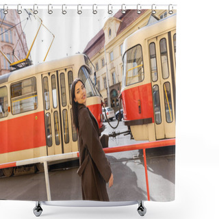 Personality  Young Woman Smiling Near Tram On Urban Street In Prague  Shower Curtains