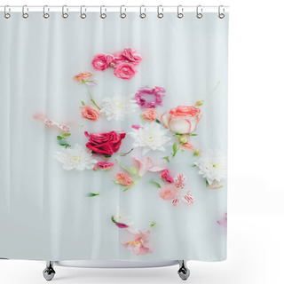 Personality  Top View Of Various Beautiful Colorful Flowers In Milk Background Shower Curtains