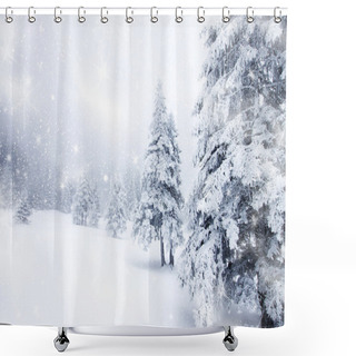 Personality  Christmas Background With Snowy Firs Shower Curtains