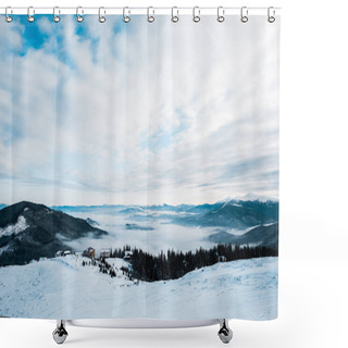 Personality  Scenic View Of Snowy Mountains With Pine Trees In White Fluffy Clouds Shower Curtains