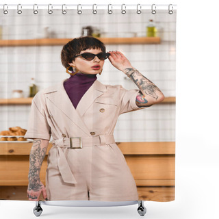 Personality  Beautiful Businesswoman In Sunglasses Standing In Cafeteria Shower Curtains