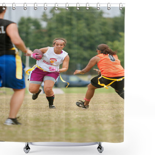 Personality  Female Flag Football Player Dodges Defenders Shower Curtains