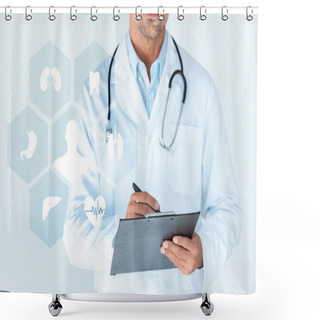 Personality  Cropped Image Of Doctor With Stethoscope On Shoulders Writing Something In Clipboard Isolated On White With Medical Interface Shower Curtains