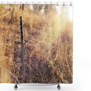 Personality  Mysterious And Magical Photo Of Silver Sword Over England Woods Or Field Landscape With Light Flare. Medieval Period Concept. Shower Curtains