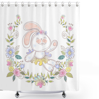 Personality  Cheerful Bunny Ballerina In A Wreath Of Flowers . Vector Shower Curtains