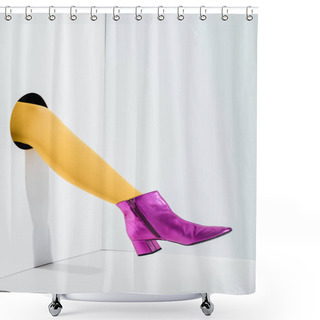 Personality  Cropped Image Of Woman Showing Leg In Bright Yellow Tights And Ultra Violet Shoe In Hole On White Shower Curtains