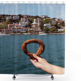 Personality  Cropped View Of Woman Holding Turkish Sesame Bagel Near Sea  Shower Curtains