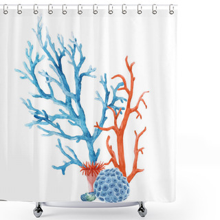 Personality  Beautiful Underwater Composition With Watercolor Sea Life Coral Shell And Starfish. Stock Illustration. Shower Curtains
