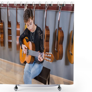 Personality  Musician Playing Acoustic Guitar In Music Store  Shower Curtains