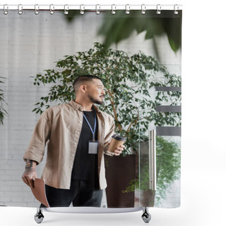 Personality  Asian Businessman With Badge Walking Out Of Office With Folder And Coffee In Paper Cup, Coworking Shower Curtains