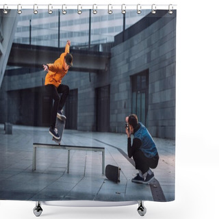 Personality  Man Taking Photo Of Skateboarder Doing Trick Over Bench Shower Curtains